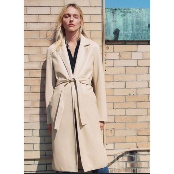 Zara Manteco Wool Blend Open Front Belted Long Coat Minimalist Chic Beige Sz XS - Picture 1 of 10